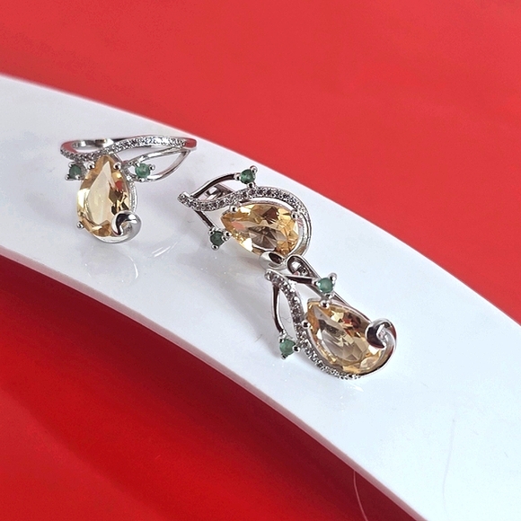 Natural Citrine & Emerald 925 Sterling Silver Set of Ring (Sz 8) & Earrings. - Picture 12 of 12